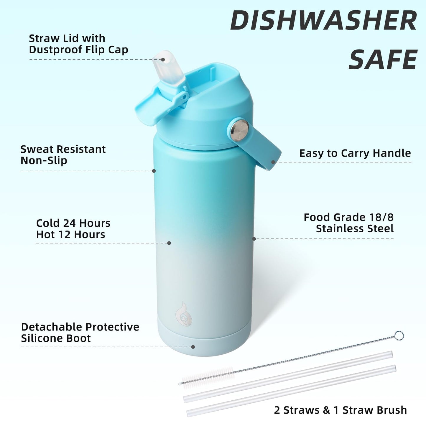 BJPKPK Insulated Water Bottle with Straw Lid, 18oz Thermos Water Bottles with Soft Nozzle, Flex Handle & Non-slip Boot, BPA Free Leak Proof Stainless Steel Metal Thermos, Tumblers, Cups,Sea Salt