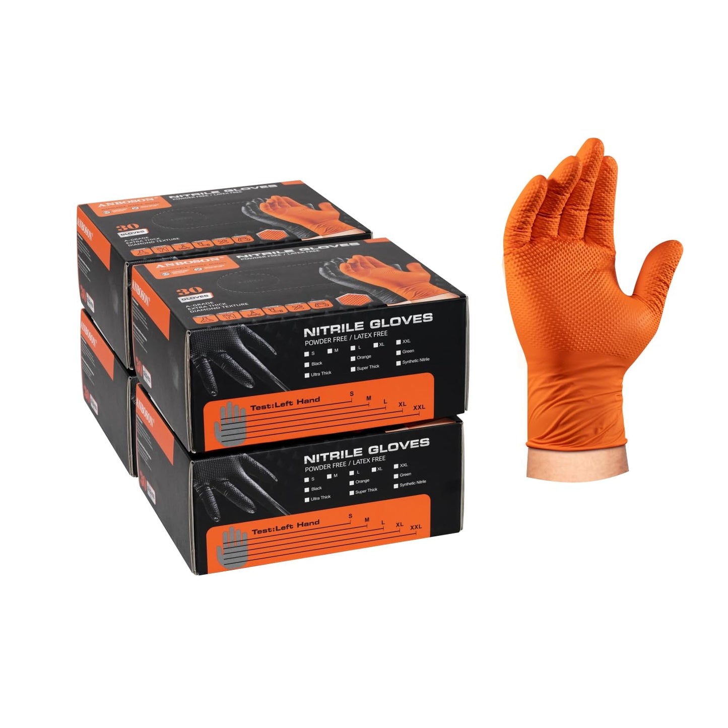 ANBOSON 10mil Disposable-Nitrile Chemical-Resistant Rubber-Gloves for Men - Mechanics Gloves Heavy Duty, Latex Free, Automotive (Orange 4 Boxes of 30, Large), ABC-DG01