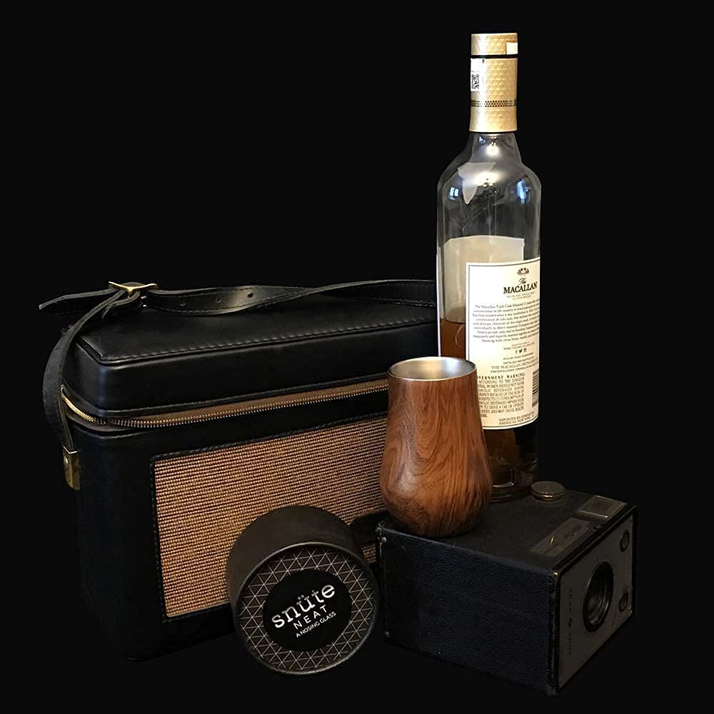 Snute Double-Wall Insulated Whiskey Glass – Stemless Nosing Glass for Bourbon, Scotch & Whisky – Wood Finish – Gift for Men, Dad, Whiskey Lovers (Set of 2)