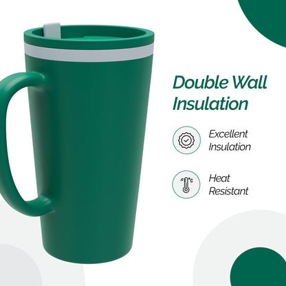 Copco Cone 16oz Insulated Travel Mug with Handle, Double Wall, Slide-Closure Lid, BPA-Free, Microwave & Dishwasher Safe, Reusable Plastic Travel Coffee Tumbler - Portable Coffee Cup (Hunter Green)