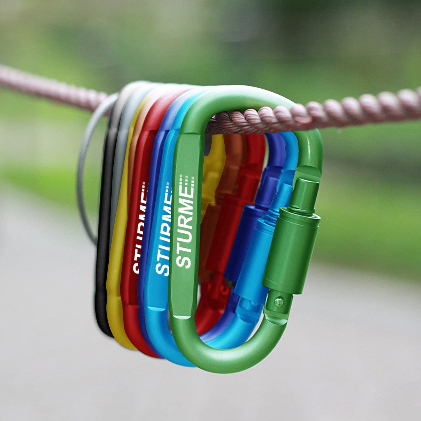 STURME Carabiner Clip Aluminum D-Ring Locking Durable Strong and Light Large Carabiners Clip Set for Outdoor Camping Screw Gate Lock Hooks Spring Link Improved Design Pack (9 Pack)