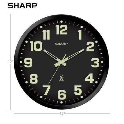 Sharp Glow in The Dark Atomic Analog Wall Clock - 12" Clock with Black Frame - Sets Automatically - Battery Operated - Easy to Read - Easy to Use – See Day or Night!