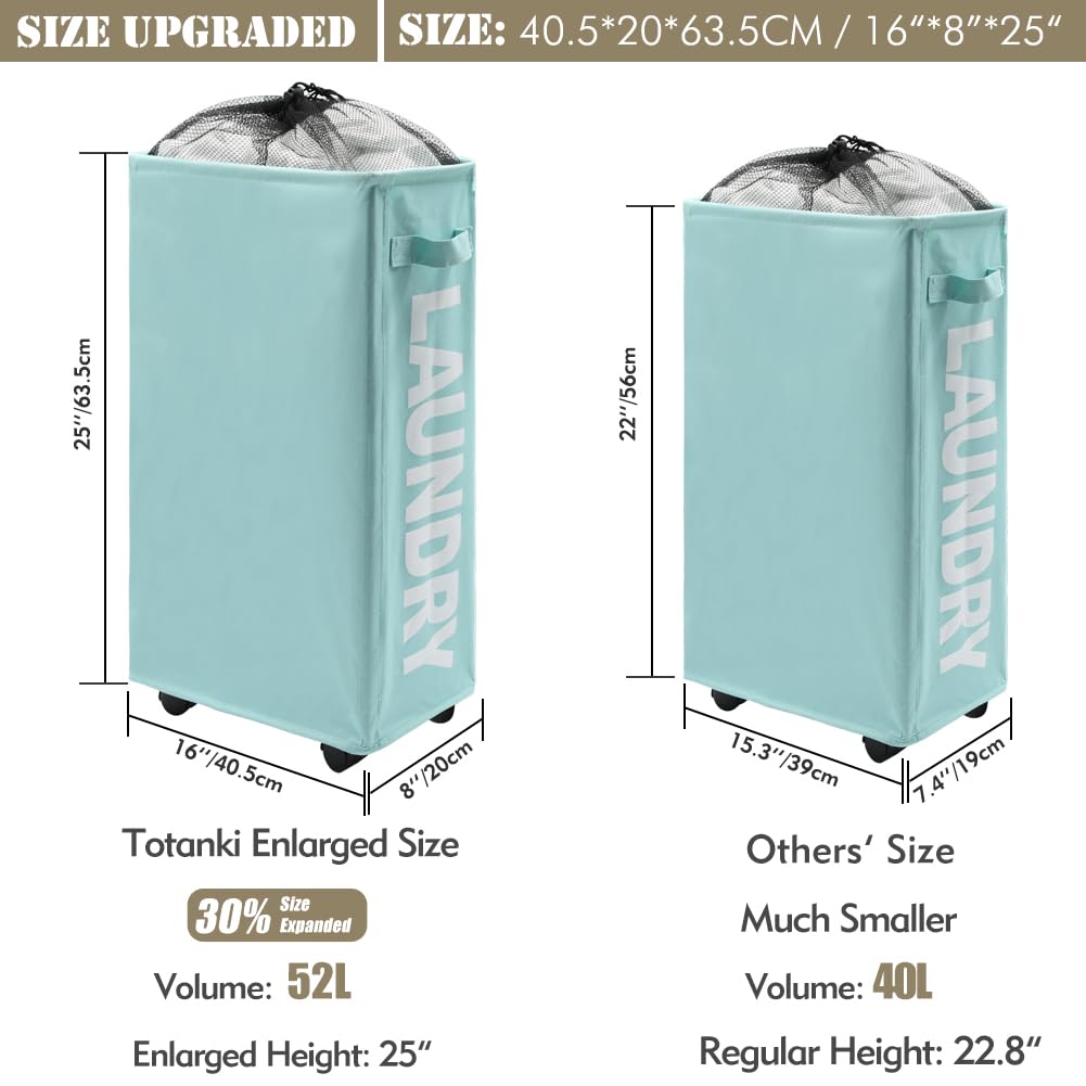 TOTANKI 25" Rolling Slim Laundry Basket on Wheels, Foldable Laundry Hamper with Handle, Collapsible Laundry Sorter and Organizer, Tall Storage Basket Bin (Light Blue)