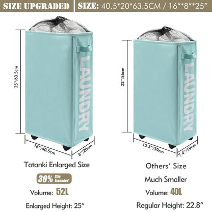 TOTANKI 25" Rolling Slim Laundry Basket on Wheels, Foldable Laundry Hamper with Handle, Collapsible Laundry Sorter and Organizer, Tall Storage Basket Bin (Light Blue)