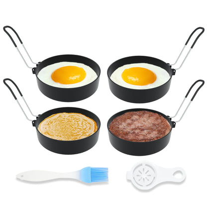 Stainless Steel Egg Rings for Frying Eggs（4 Pack） - 3.5" Round Non Stick Griddle Rings with Oil Brush, Egg Sandwich/Pancake/Cooking Molds, Breakfast Maker Accessories & Egg Separator