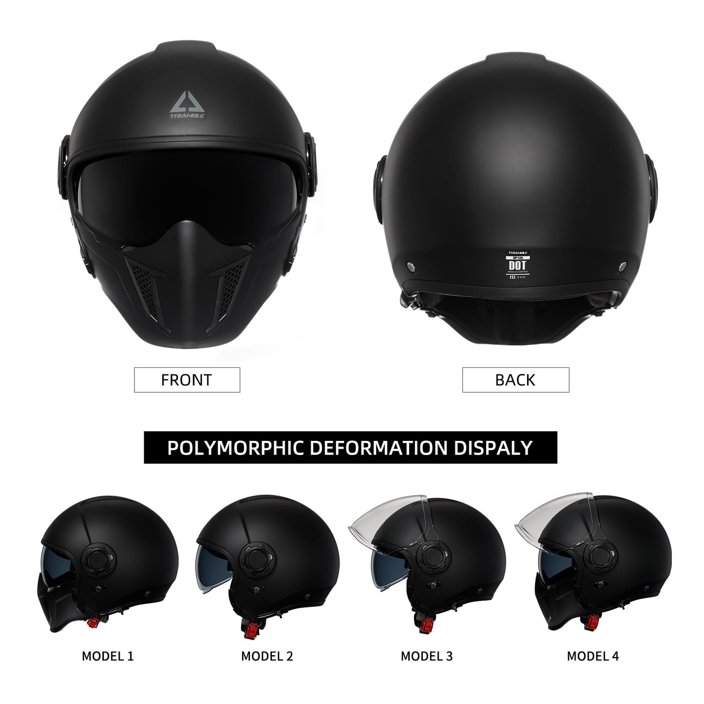TRIANGLE Full Face Motorcycle Helmets,Off-Road Motocross Helmet for Men & Women,Dual Visor with Internal Tinted Sunshield,Open Face 3/4 Adult Racing Helmet DOT Approved(Black,L)