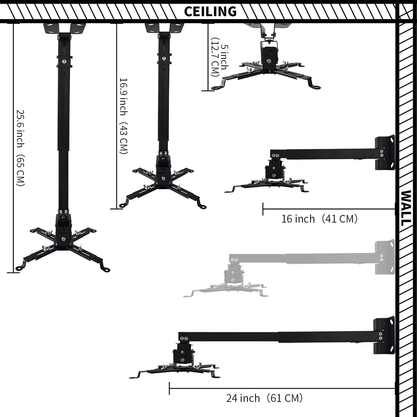 Tonalee Projector Mount Wall or Ceiling Projection Mount Bracket with Adjustable Height and Extendable Arms Mounts for Home and Office Projector