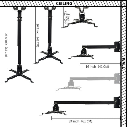 Tonalee Projector Mount Wall or Ceiling Projection Mount Bracket with Adjustable Height and Extendable Arms Mounts for Home and Office Projector