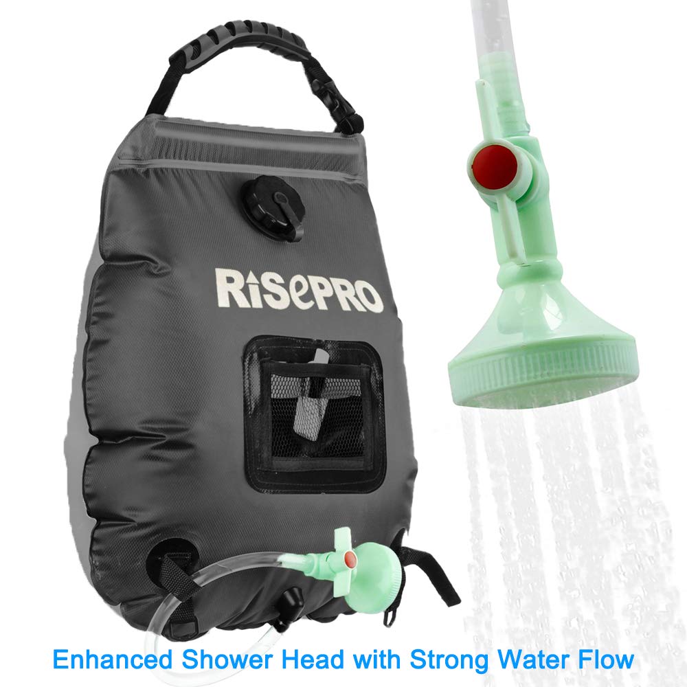 RISEPRO Solar Shower Bag, 5 gallons/20L Solar Heating Premium Camping Shower Bag Hot Water with Temperature 45°C Removable Hose on/Off Switchable Shower Head Hiking Climbing Summer Shower BK