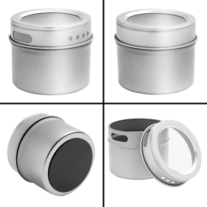 Talented Kitchen Silver Magnetic Spice Jars for Refrigerator (3 oz) - Stainless Steel 12 Spice Containers with Sift & Pour Lids (269 Preprinted Labels and 2 Label Styles)