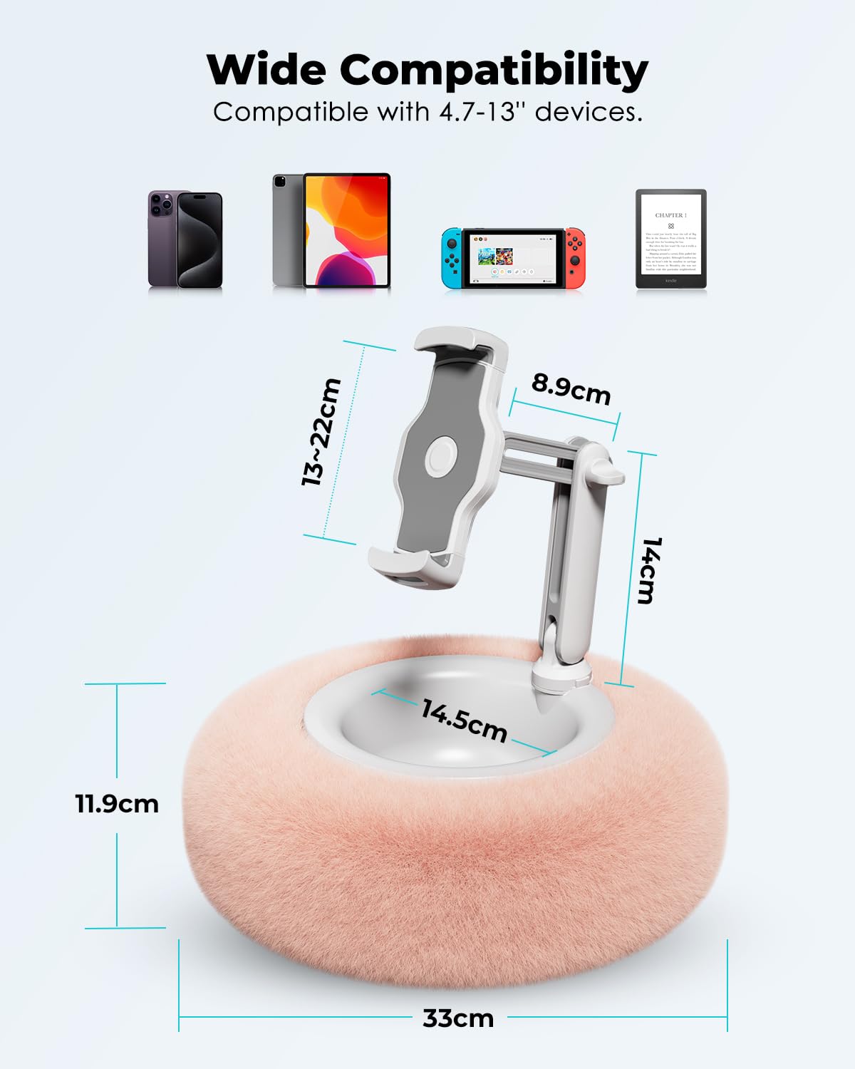 Viozon Tablet Stand Pillow, Compatible with 4.7"-13" Phone/Tablet, iPad, iPhone, Samsung, Google, Kindle, 360°Adjustable Phone Holder for Bed with Soft Plush Fabric, and Detachable Bowl, Pink