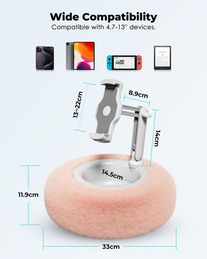 Viozon Tablet Stand Pillow, Compatible with 4.7"-13" Phone/Tablet, iPad, iPhone, Samsung, Google, Kindle, 360°Adjustable Phone Holder for Bed with Soft Plush Fabric, and Detachable Bowl, Pink