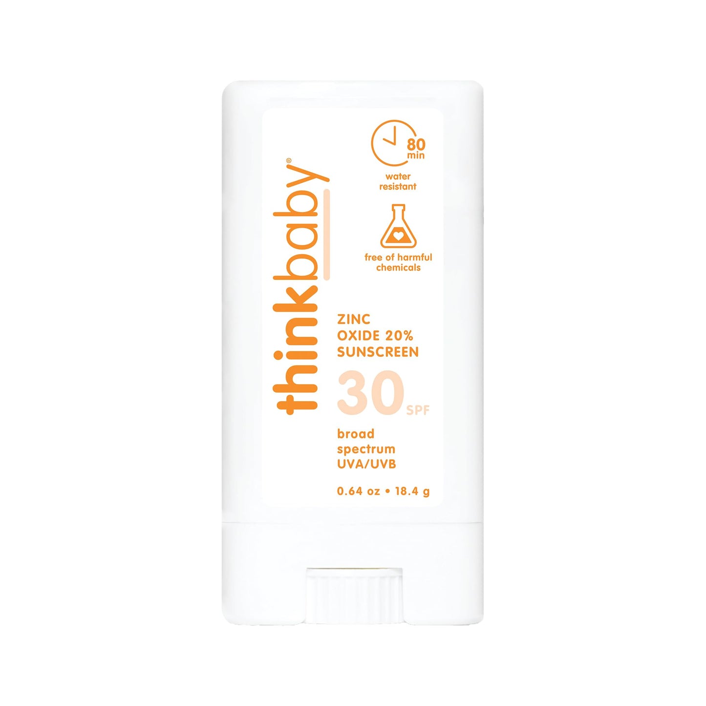 Thinkbaby SPF 30 Sunscreen Stick – Safe, Natural, Water Resistant Sun Cream for Babies, Kids & Adults – Mineral UVA/UVB Sun Protection – Reef Friendly Travel Stick, 0.64 oz