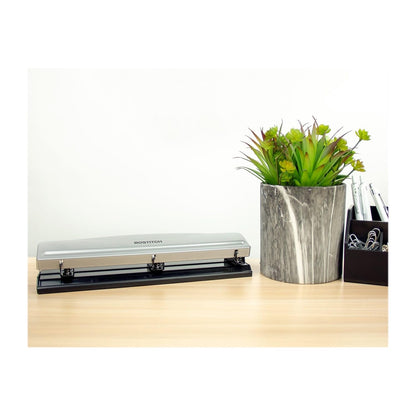 Bostitch Office Premium 3 Hole Punch, 12 Sheet Capacity, Metal, Rubber Base, Easy-Clean Tray, Silver