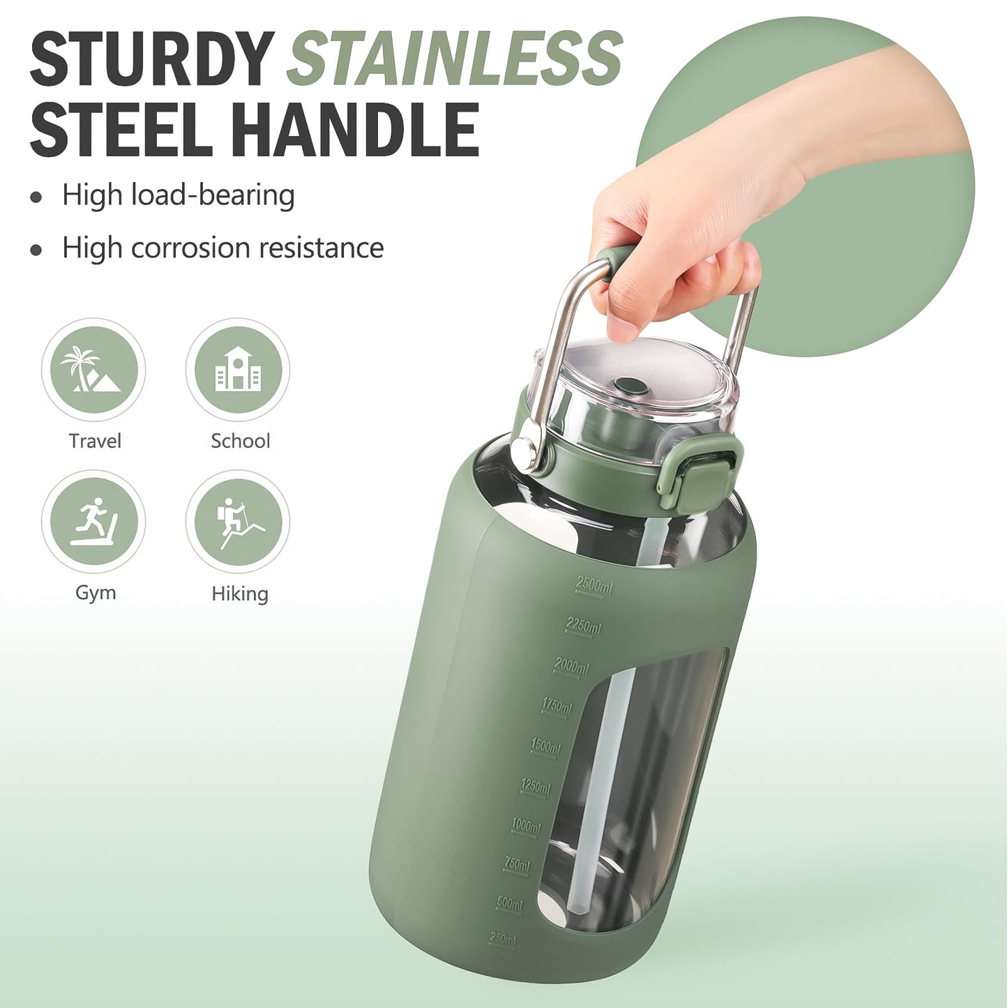 BLUEGO 84oz Water Bottle Glass with Stainless Steel Handle Large 2.5l Water Bottle with Time Markers and Silicone Sleeve Half Gallon Water Jug BPA Free for Gym Daily Use, Olive