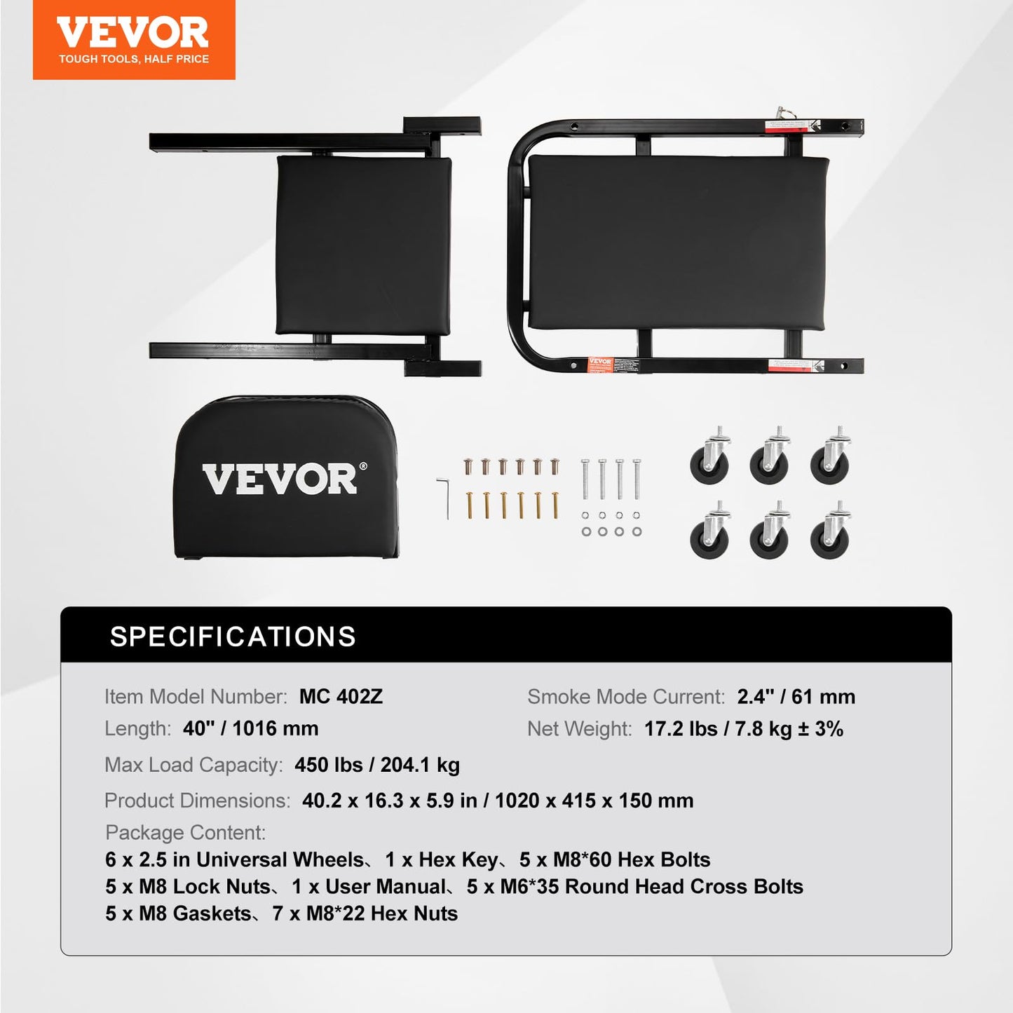 VEVOR Foldable Z Garage Creeper, 40 in, 450 lbs Load Capacity Rolling Folding Mechanic Creeper Stool, with 6 Universal Wheels Padded Seat Steel Frame, Lay Down or Sit Chair for Garage Shop or Home