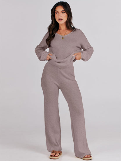 ANRABESS Women 2 Piece Outfits Sweater Lounge Sets Long Sleeve Cable Knit Pullover and Wide Leg Pants Tracksuit Matching Set Medium