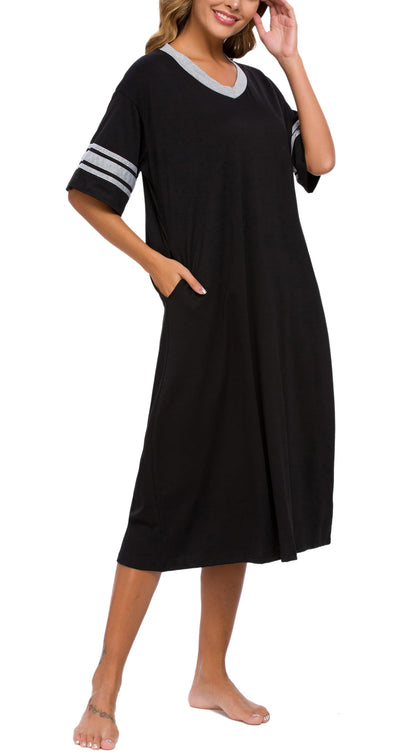 Vslarh Women's Nightgown Long Loungewear Short Sleeve Sleepshirt V Neck Pajama Dress with Pockets S-3XL Black