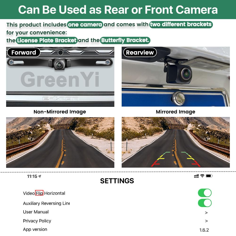 WiFi Car Wireless Backup Camera, GreenYi 5G 720P HD Car License Plate Rear/Front View Reverse Camera for iPhone iPad Android Smart Phones Tablets Which Support Double Band WiFi