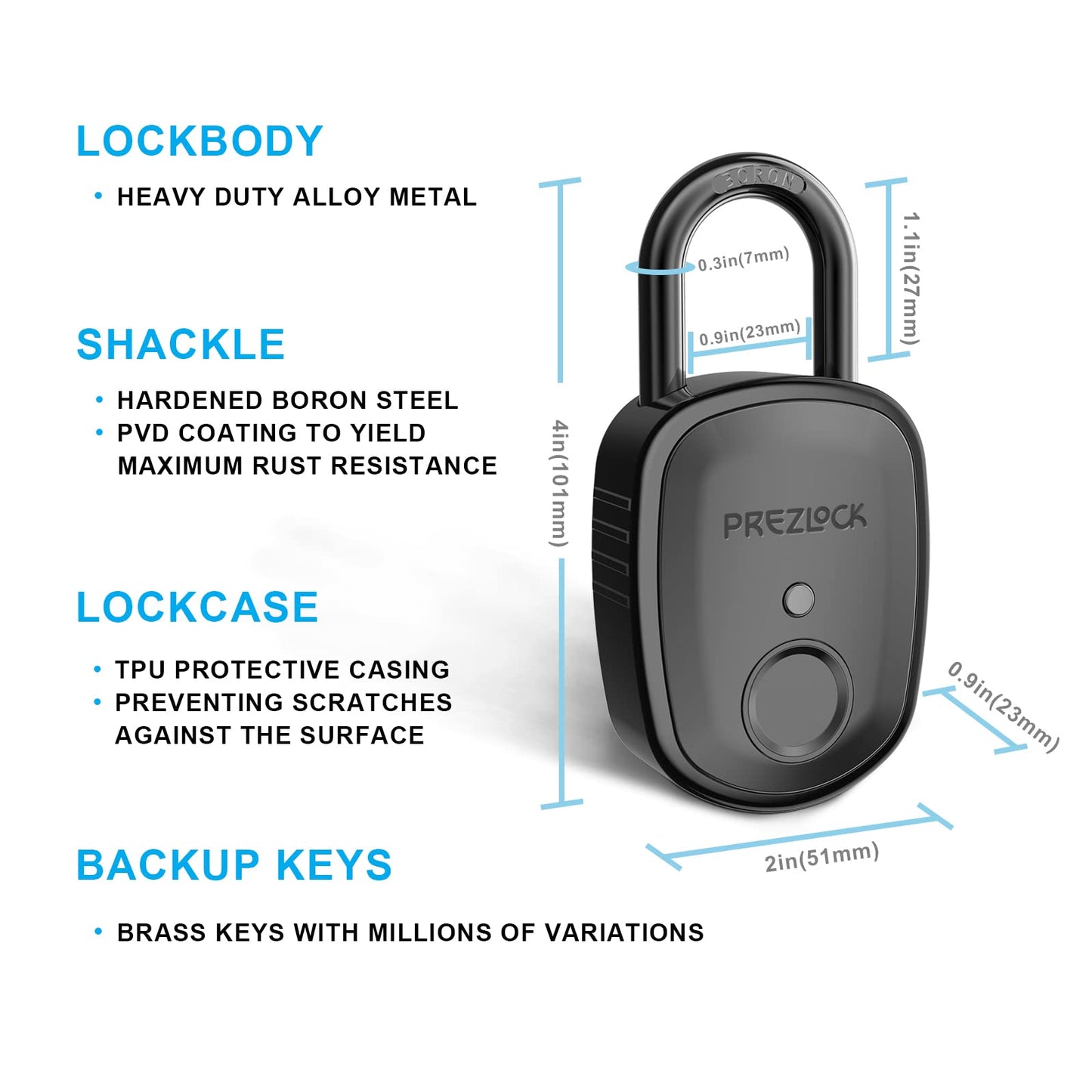 Fingerprint Padlock with Key Backup, 2keys, Prezlock, Smart Padlock with Keyless Biometric, Suitable for Outdoor and Heavy Duty, IP65 Waterproof. Graphite