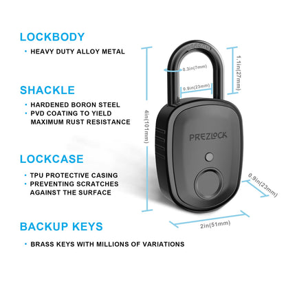 Fingerprint Padlock with Key Backup, 2keys, Prezlock, Smart Padlock with Keyless Biometric, Suitable for Outdoor and Heavy Duty, IP65 Waterproof. Graphite