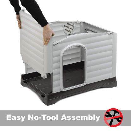 Ferplast Dog Villa Indoor and Outdoor Dog House for Small Dog Breeds, Measures 28.75L x 23.23W x 20.87H Inches, Ventilated with Patented Fold-Out Porch, Cream with Dark Brown Bottom, Part # 87253099