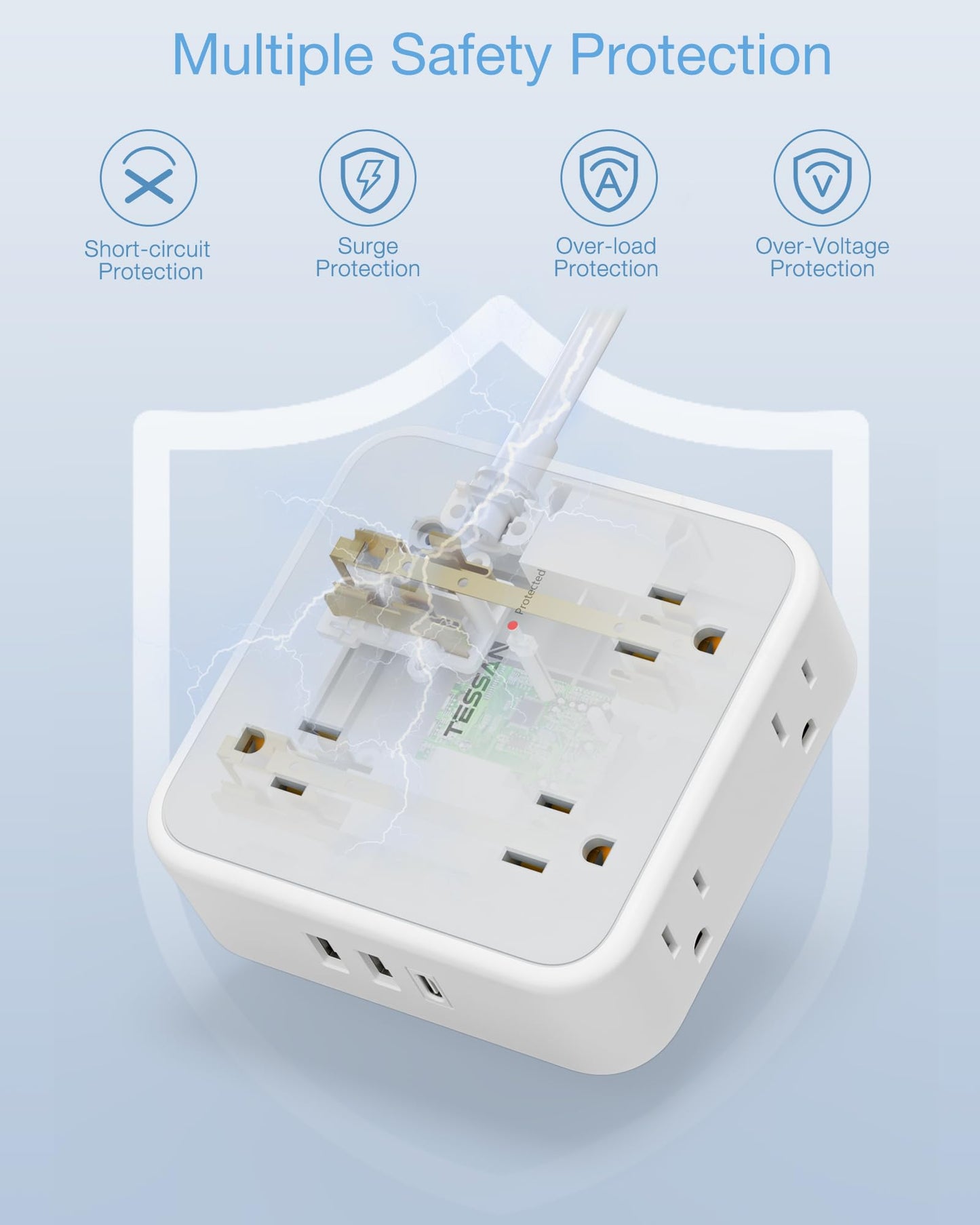 TESSAN Surge Protector Flat Extension Cord Flat Plug Power Strip, 8 AC Outlets, 3 USB Charger(1 USB C Port) 3 Sided Outlet Extender, 5 Ft, 900 Joules Protection, Office Supplies, Dorm Room Essentials