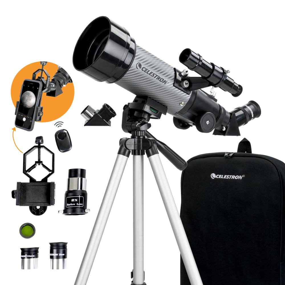 Celestron Travel Scope 70DX Portable Refractor Telescope – 70mm Aperture, Fully-Coated Glass Optics – Includes Bonus Phone Adapter, Backpack & More – Ideal for Beginners & Travel