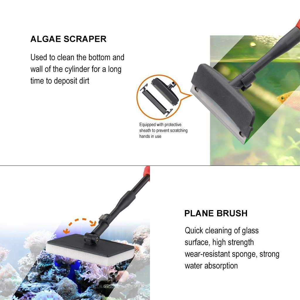 UPETTOOLS Aquarium Clean Tool 6 in 1 Fish Tank Cleaning Kit Algae Scraper Scrubber Pad Adjustable Long Handle Fish Tank Brush Cleaner Set