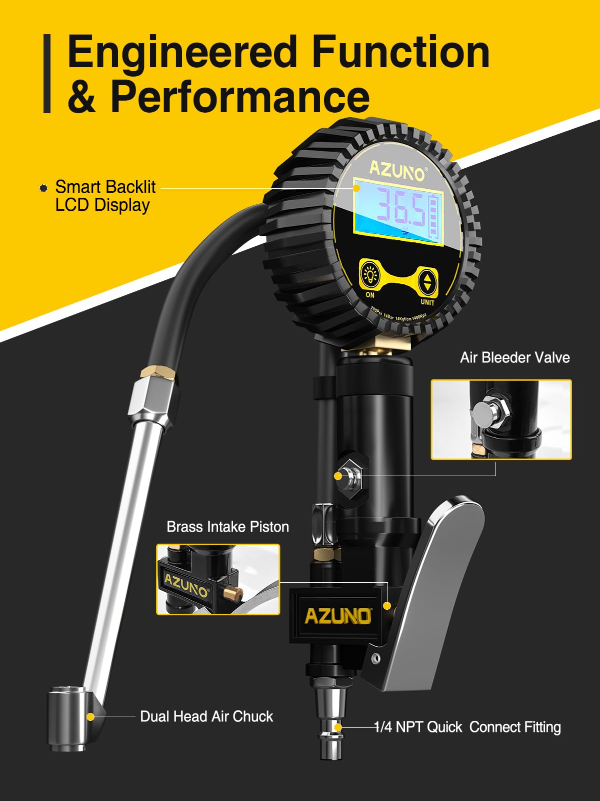 AZUNO Digital Tire Inflator with Pressure Gauge, 200 PSI, Heavy Duty Air Compressor Accessories, Comes with a Portable Carrying Box