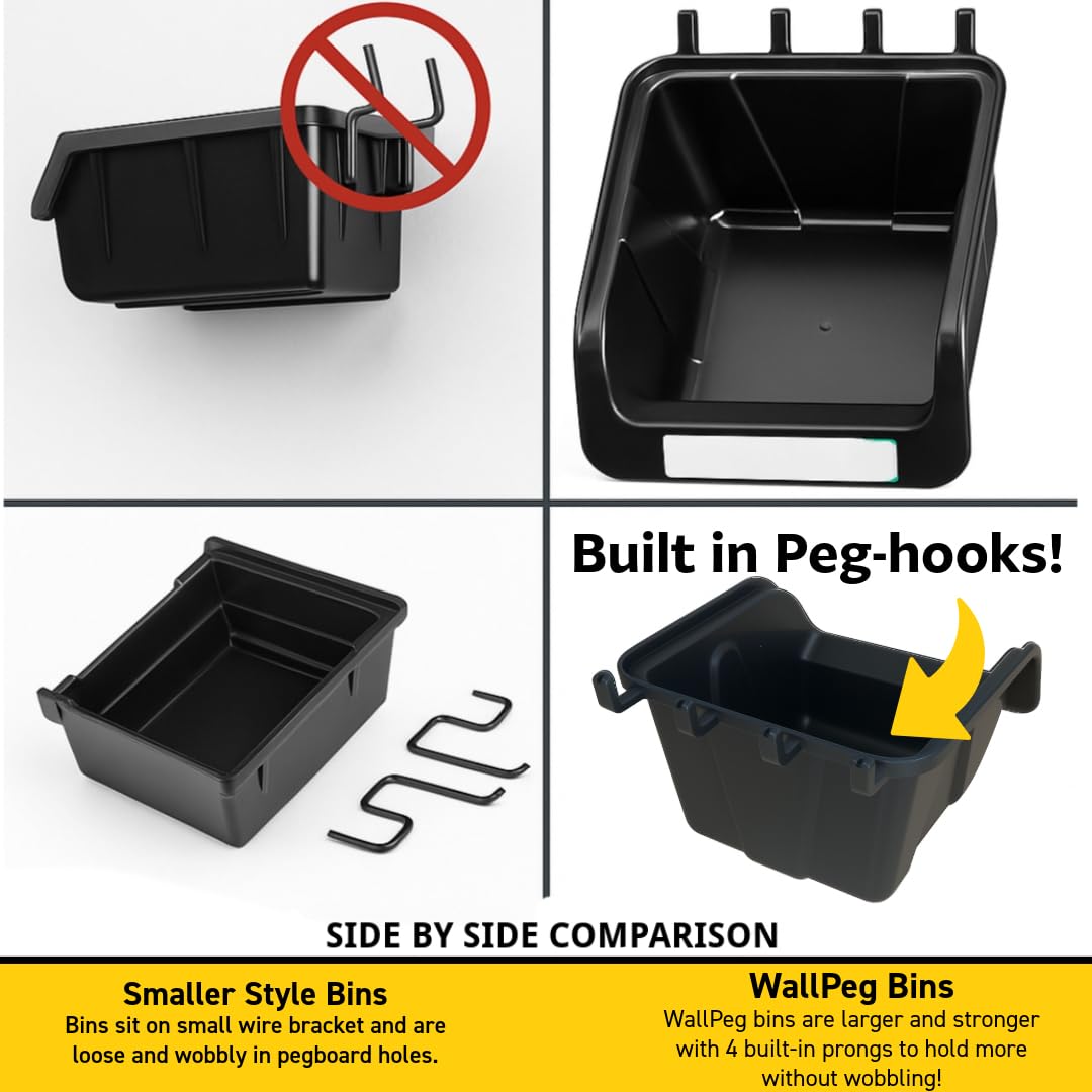 WallPeg Pegboard Bins - 6 Each 7" & 6 Each 5" ORGANIZING Bins - Hooks to Peg Board Panel Organize Hardware Arrange Accessories Workbench Tool Organizer Garage Storage -Made in USA-