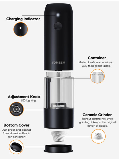 Upgraded Larger Capacity: Electric Salt and Pepper Grinder Set Rechargeable with LED lights - Stainless Steel Automatic Pepper and Salt Grinder Refillable with 6 Adjustable Coarseness