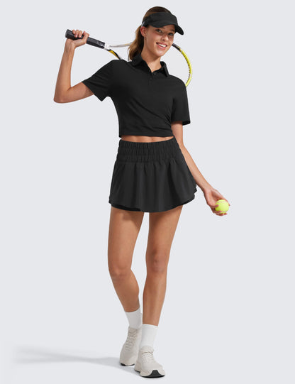 CRZ YOGA Athletic Shorts for Women High Waisted Flowy Ruffle Skirt Overlay for Workout Running Tennis with Zip Pocket Black Large