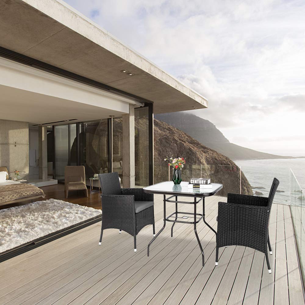 VINGLI Glass Patio Table with Umbrella Hole, 32" Square Outdoor Dining Table Steel Tempered Glass Patio Tables Outdoor Tables for Balcony Garden Deck