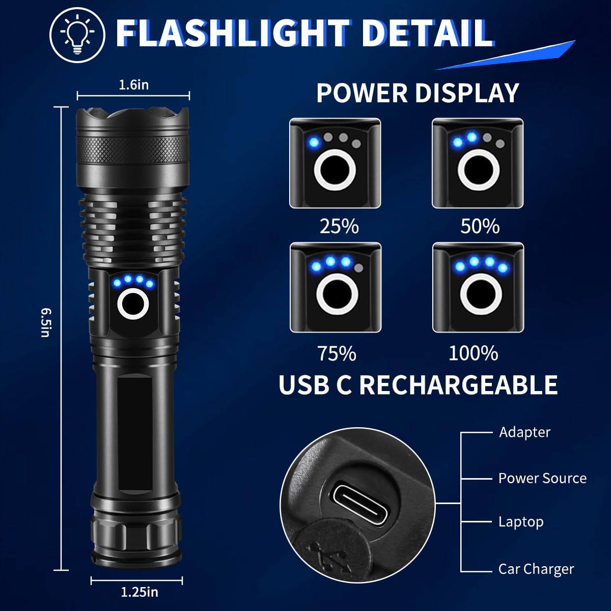 UUYEE 3Pack Rechargeable Flashlights High Lumens, Super Bright Flashlight, 5Modes LED Flashlight Rechargeable, Adjustable Tactical Flashlights High Powered, Flash Lights for Emergency Camping Home