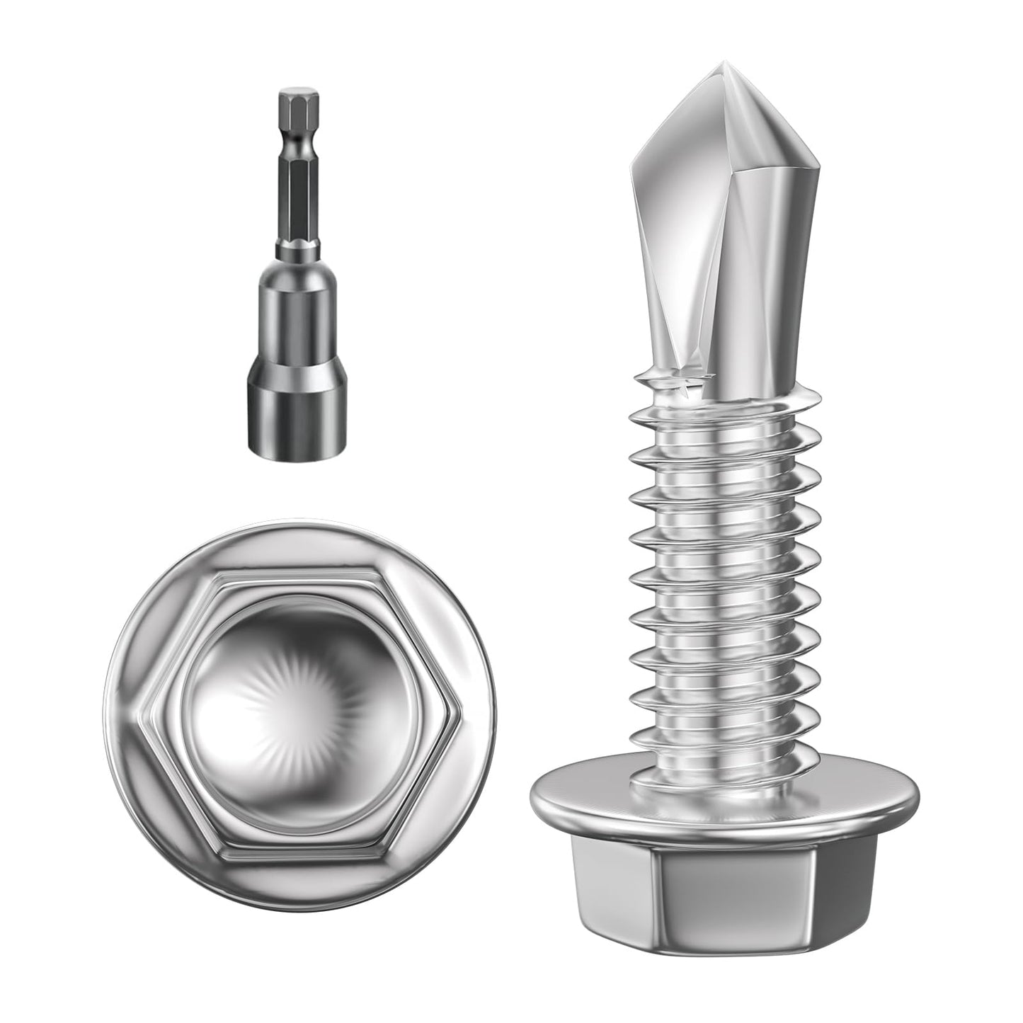 Wensilon (300Pcs) #8×3/4" Hex Washer Head Self Drilling Screws, 410 Stainless Steel Metal SheetScrews，TEK Screws, Sheet Metal Self Tapping Screws