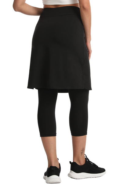 Women's Modest Skirted Capri Pants with 2 Pockets Workout Knee Length Skort Cropped Leggings bk l Black