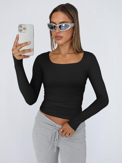 Trendy Queen Womens Long Sleeve Shirts Crop Tops Fall Fashion 2025 Square Neck Going Out Basics Tees Y2k Clothes Black M