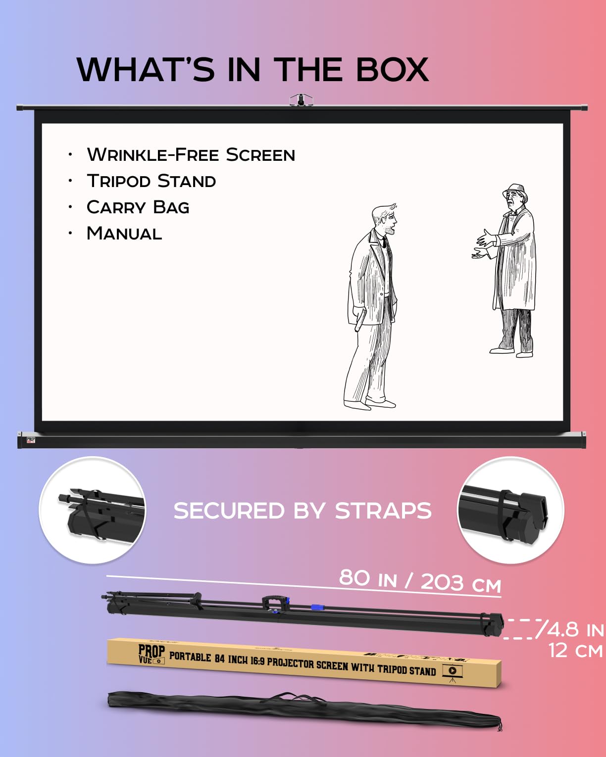 PropVue Projector Screen with Stand 84" - Indoor & Outdoor Projection Screen for Movie or Office Presentation - 16:9 HD Premium Wrinkle-Free Tripod Screen for Projector with Carry Bag & Tight Strap