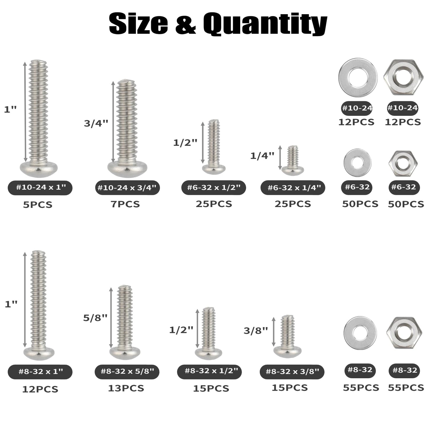 VGBUY 351Pcs Machine Screws Nuts and Bolts Assortment Kit, # 6-32# 8-32# 10-24 Phillips Pan Head Assorted 304 Stainless Steel Bolts Nuts Flat Washers Bolts with Case