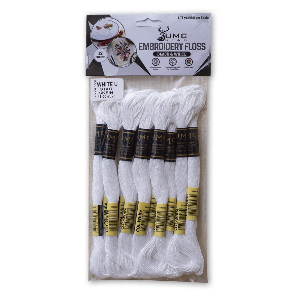 UMC STAG Pack of 12 Premium Embroidery Thread | 100% Egyptian Cotton Premium Skeins | Cross Stitch Embroidery Floss | Oeko TEX Certified Stranded Cotton | Ideal for Arts & Crafts (White-12)