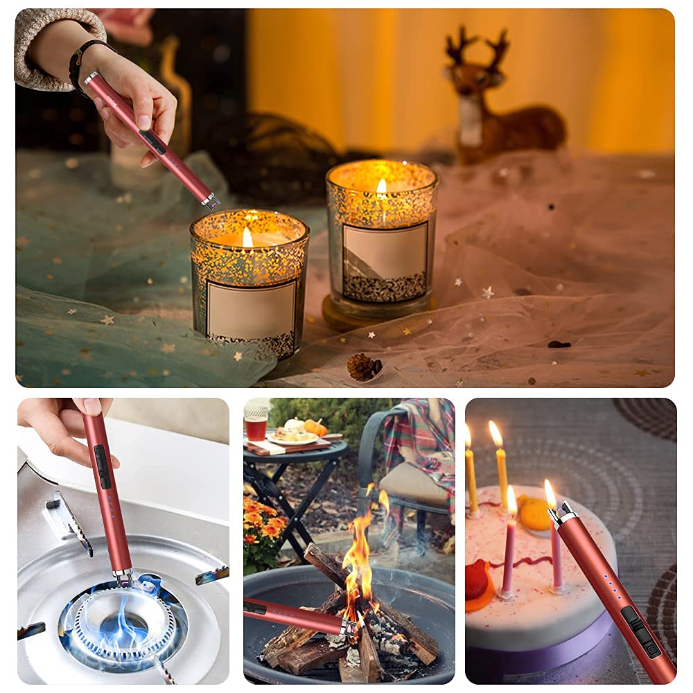 SUPRUS Electric Lighter Candle Type C Rechargeable Lighter with Upgraded LED Battery Display Safety Switch Flameless Plasma Windproof for Candle Cooking BBQs Fireworks (Red)