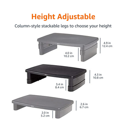 Amazon Basics Height Adjustable Rectangular Computer Monitor Riser Desk Stand with Storage for Reduced Neck Strain - Fits Monitors, Laptops Up to 22lbs, Black