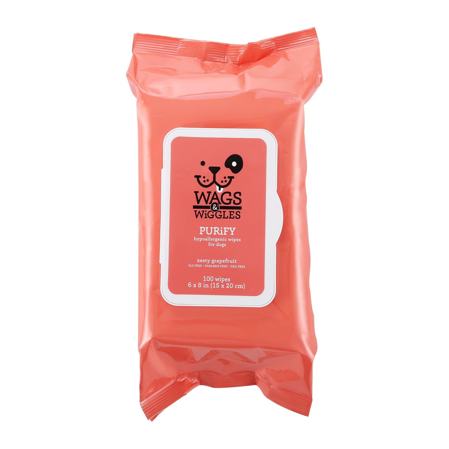 Wags & Wiggles Purify Hypoallergenic Wipes for Dogs, Zesty Grapefruit Scent - Scented Dog Wipes Gently Clean & Condition Your Dog's Coat Without A Bath, 100 Count