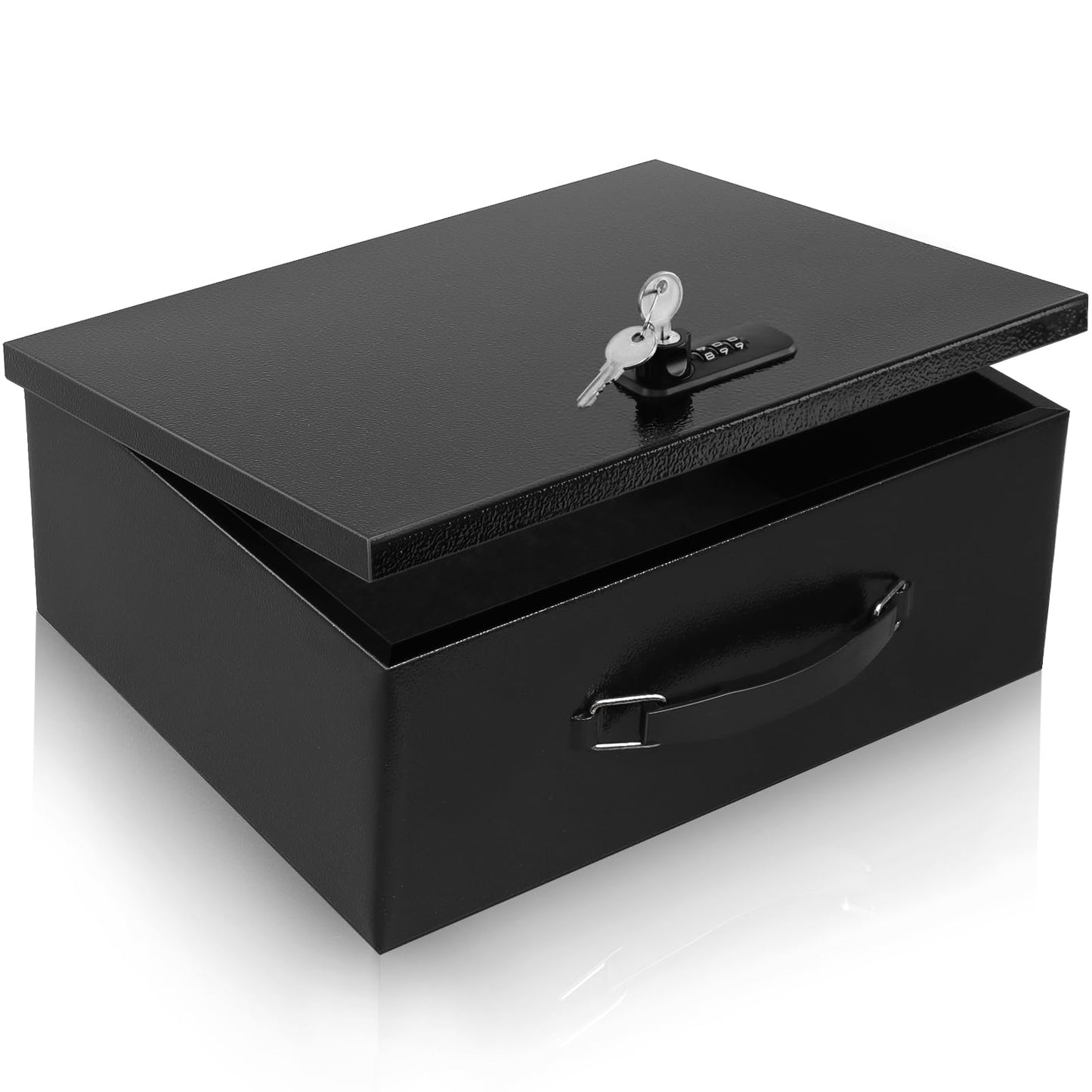 Dalmbox Portable Metal Safe Box with Dual Combination and Key Lock - Fire Resistant Storage for Documents, Car, Home and Outside - X Large 13.2"x 11"x 5.1" Black Box