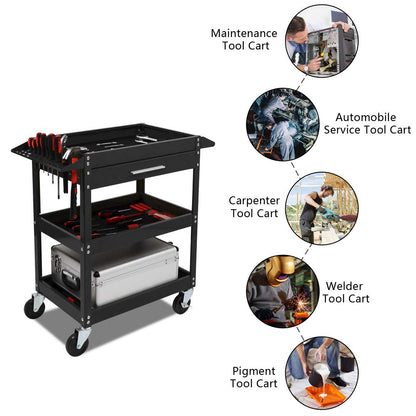 TUFFIOM 3 Tier Rolling Tool Cart with Drawer, Tool Service Cart on Wheels w/2 Brake, 330 LBS Capacity Industrial Heavy Duty Utility Cart, Tool Organizer for Mechanic, Garage, Warehouse & Repair Shop