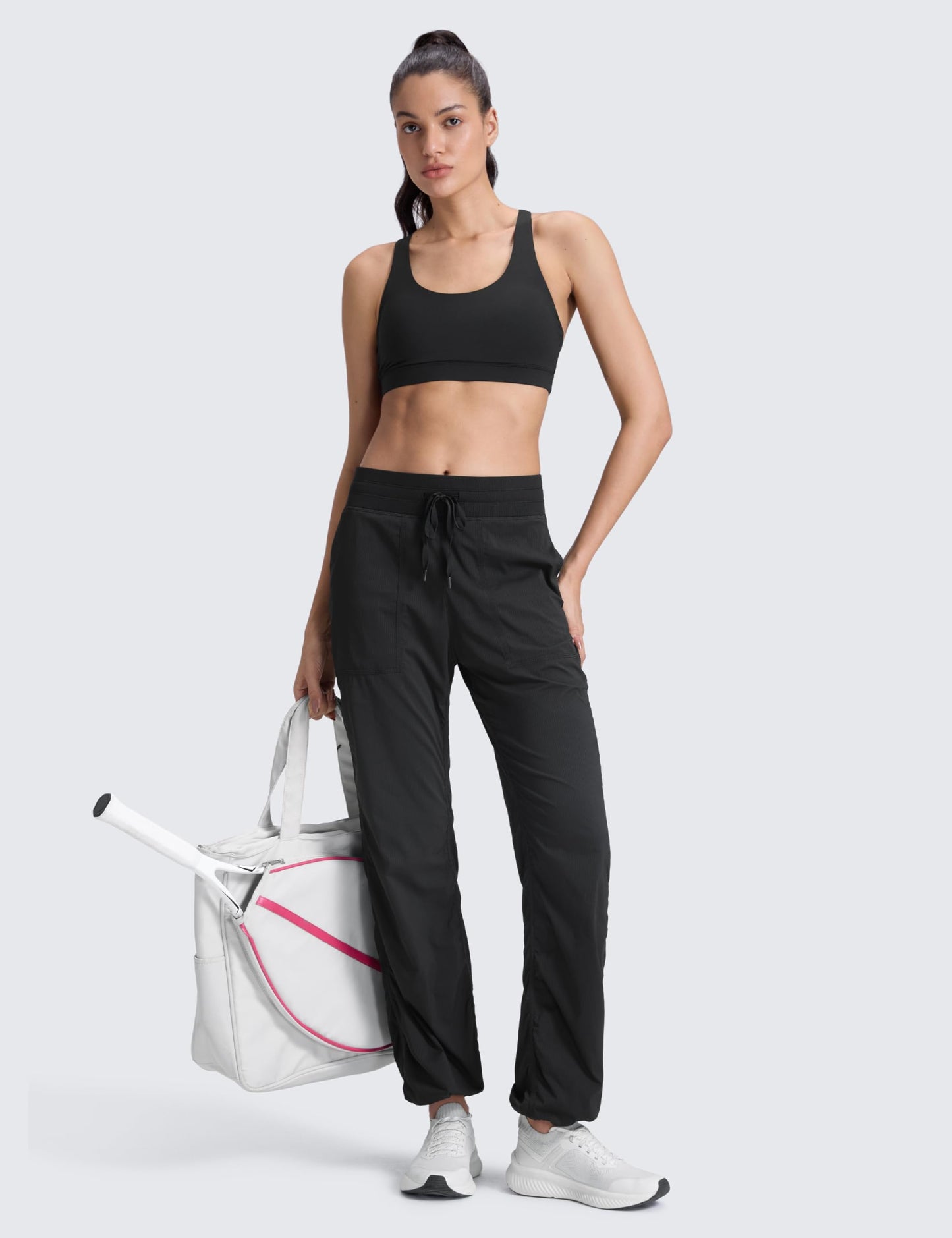 CRZ YOGA Lightweight Straight Leg Workout Pants for Women 30" Casual Ruched Work Gym Athletic Joggers with Pockets Black X-Small