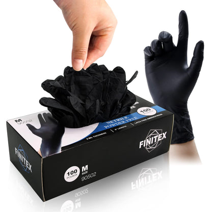 FINITEX Black Nitrile Disposable Medical Exam Gloves - Box of 100 PCS 6mil Powder-Free Latex-Free For Examination Home Cleaning Food Glove (Medium)