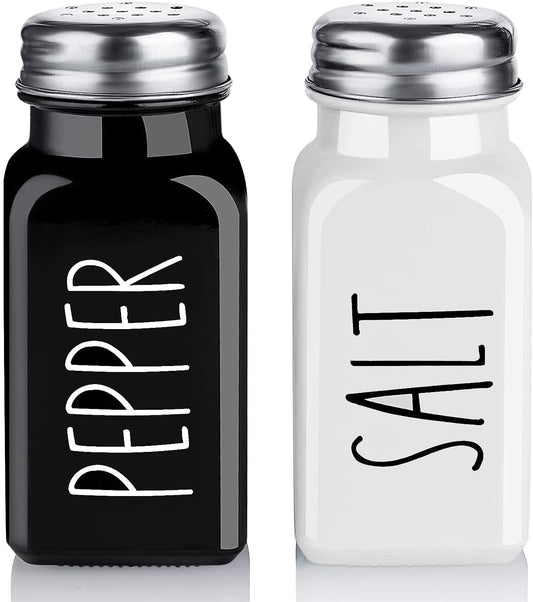 Salt and Pepper Shakers Set, Dopeca 2.7oz Glass Salt Shaker with Stainless Steel Lid, Black and White Modern Kitchen Decor and Accessories, Cute Salt and Pepper Set for Kitchen or Restaurant