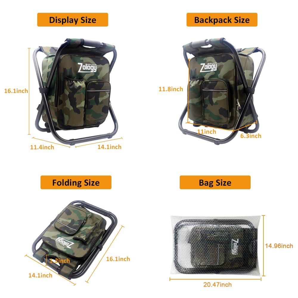 Zology Folding Camping Chair Stool Backpack with Cooler Insulated Picnic Bag, Hiking Camouflage Seat Table Bag Camping Gear, Outdoor Fishing Hunting Gifts for Men